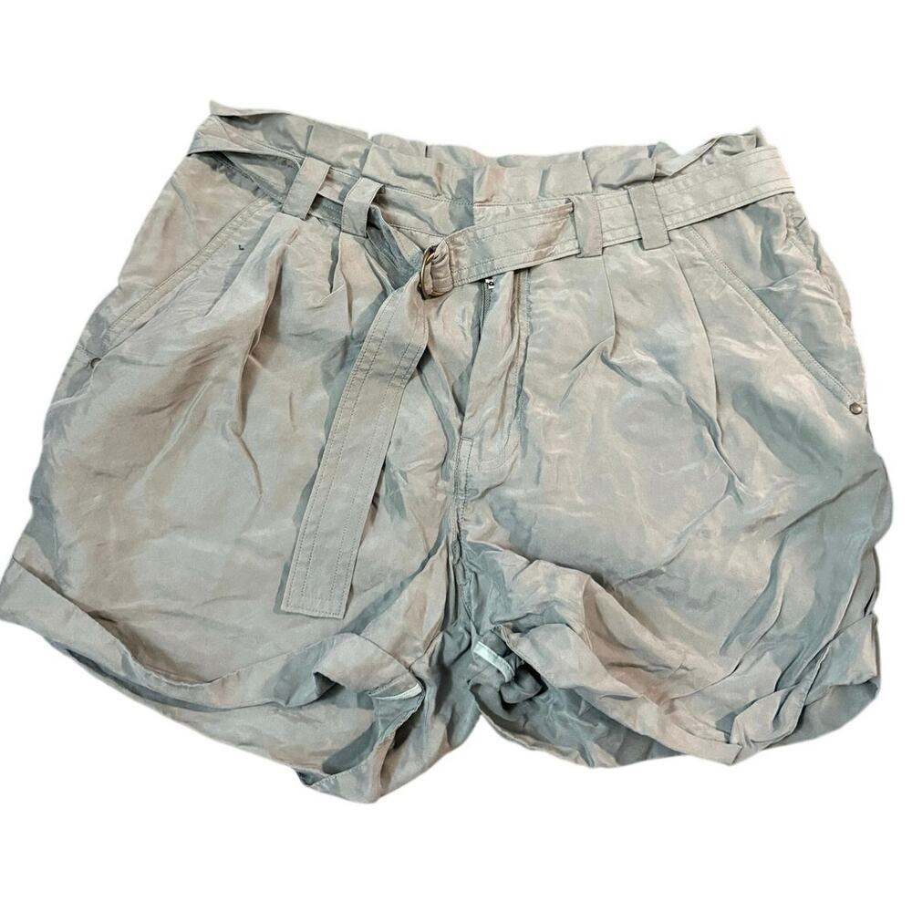 7 For All Mankind 100% Silk Paperbag Waist Belted Shorts Sage Green Size 28